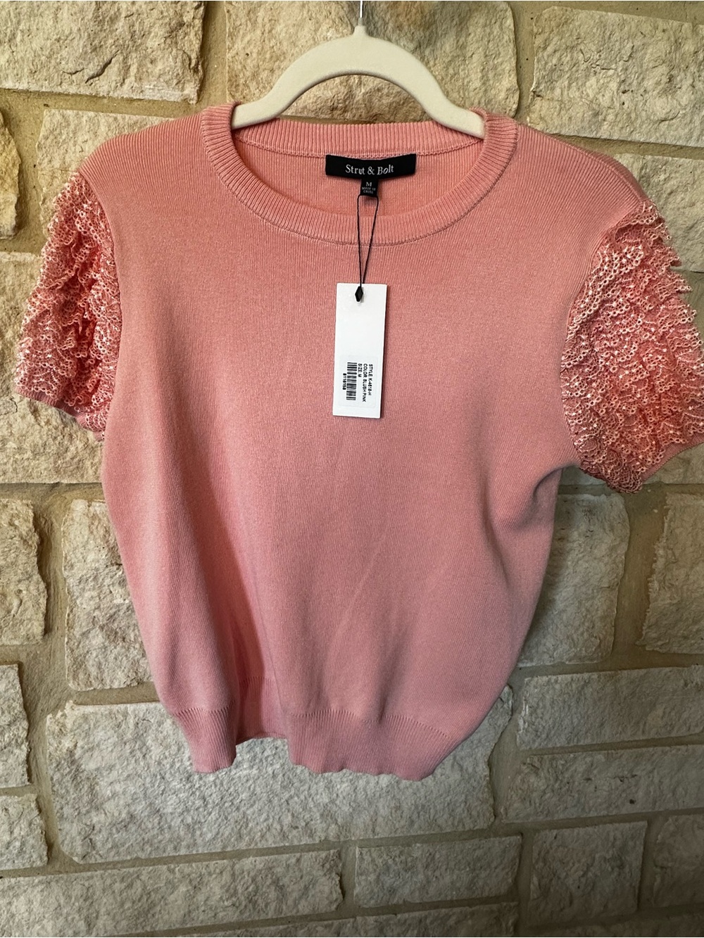 Strut & Bolt Pink Lace-Sleeve Knit Top